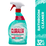 Front view of a Cloralen disinfectant bathroom spray bottle with teal label and red logo on white background