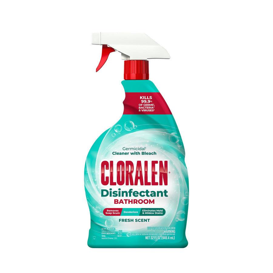Isolated Cloralen Disinfectant Bathroom spray bottle front on white background showing label and red logo