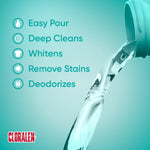 Teal-toned infographic showing a bottle pouring liquid and benefit icons: Easy Pour, Deep Cleans, Whitens, Remove Stains, Deodorizes with Cloralen logo.