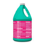 Rear view of a Cloralen floral-scented bleach jug showing warning and usage text on the pink label and teal bottle