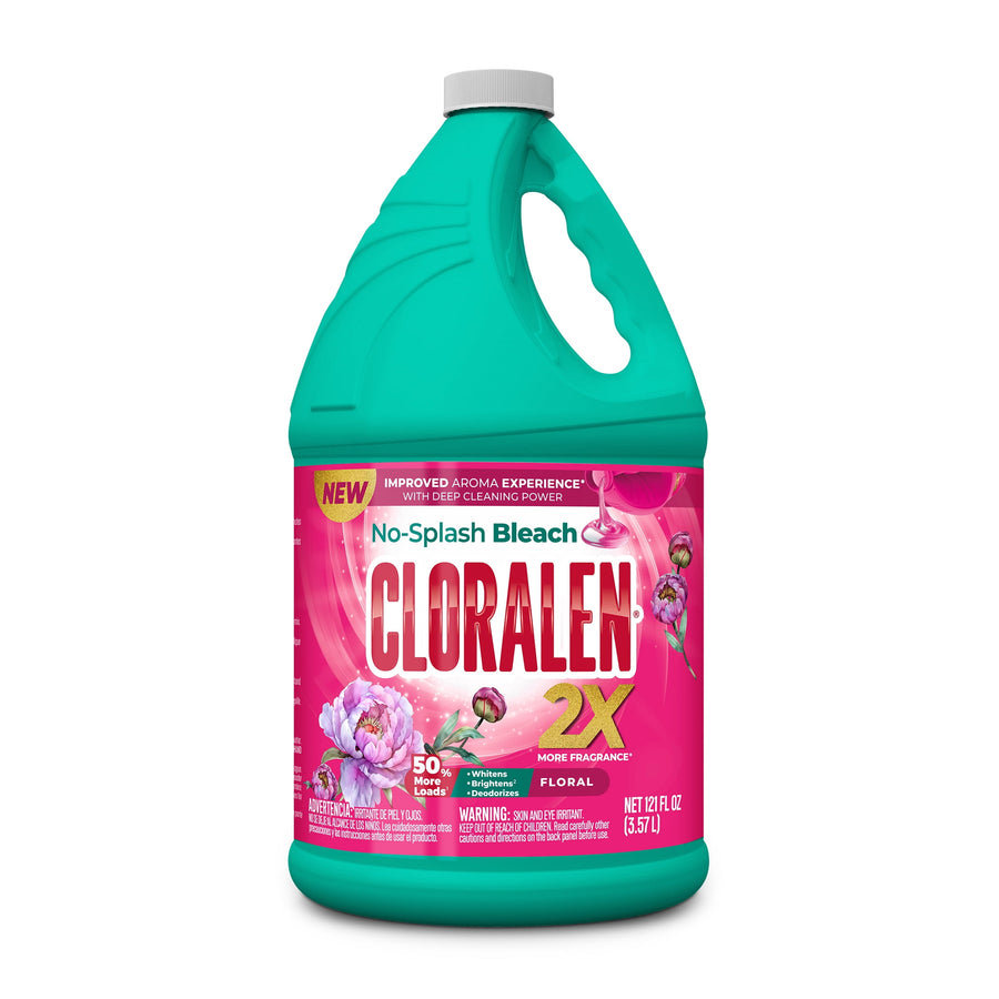 Cloralen floral-scented no-splash bleach bottle with pink label and teal handle against white background