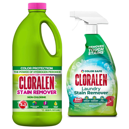 Two Cloralen stain remover bottles: large green jug and green spray bottle with label graphics