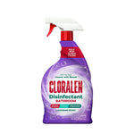 Front-facing purple CLORALEN disinfectant bathroom spray bottle with red trigger and lavender scent label