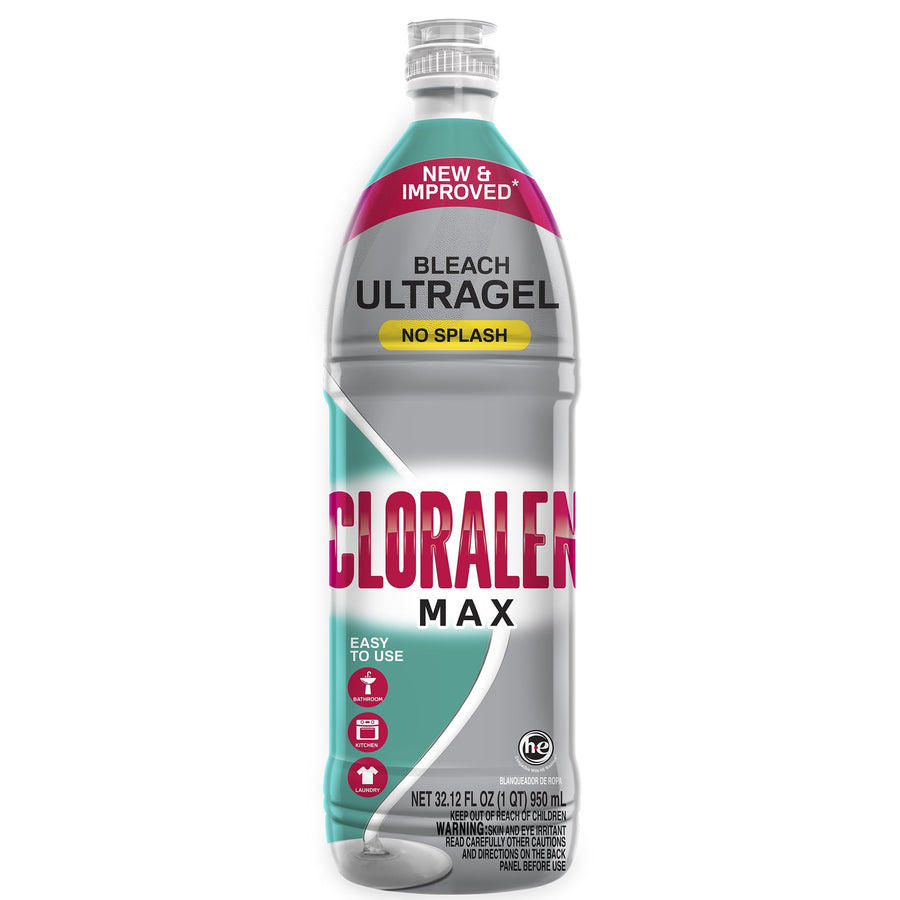 Tall Cloralen Max Ultragel no-splash bleach bottle with teal and silver label and clear cap