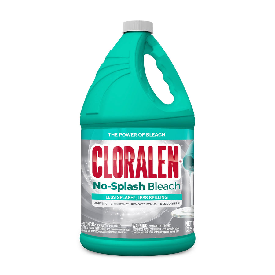 Teal Cloralen No-Splash bleach gallon bottle with front label and built-in handle on white background.