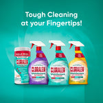 Promotional graphic of multiple CLORALEN products including lavender disinfectant spray and wipes with headline about tough cleaning