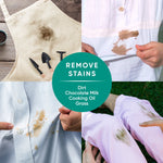 Four-image collage showing stained garments and garden apron with central circle reading 'REMOVE STAINS'
