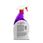 Rear view of a purple CLORALEN spray bottle showing back label text, barcode and white trigger top