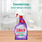 CLORALEN lavender bathroom disinfectant spray bottle on a wooden surface with blurred bathroom background and headline text