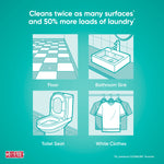 Infographic showing surfaces cleaned - floor, sink, toilet seat and white clothes - with Cloralen branding