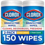 Two Clorox disinfecting wipes canisters side-by-side with large 150 wipes label and 2-pack banner