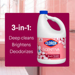 Clorox Scentiva bottle overlaid on magenta panel listing 3-in-1 benefits: deep cleans, brightens, deodorizes