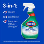 Clorox Clean-Up spray bottle on blue background with 3-in-1 checklist: cleans, disinfects, removes 99% of allergens