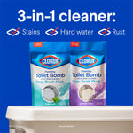Graphic showing two Clorox Foaming Toilet Bomb pouches with '3-in-1 cleaner' icons for stains, hard water, rust