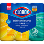 Front-facing Clorox 3‑pack package showing blue logo, colorful panels and 'disinfecting wipes 3‑in‑1' messaging