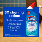 Infographic panel with Clorox bottle and text highlighting 3x cleaning action, destroys stains and deodorizes