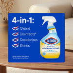 Inset lifestyle graphic highlighting '4-in-1' cleaning benefits next to a Clorox all purpose cleaner bottle on a wooden surface