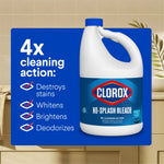Infographic panel showing Clorox No-Splash Bleach bottle with '4x cleaning action' icons and text