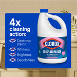 Clorox No-Splash Bleach bottle with blue panel listing 4x cleaning action: destroys stains, whitens, brightens, deodorizes
