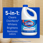 Clorox disinfecting bleach bottle placed over a blue panel listing 5-in-1 benefits with a tiled bathroom background.
