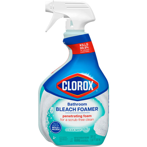 Clorox Bathroom Bleach Foamer spray bottle photographed on white background showing label and trigger top