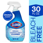 Clorox blue spray bottle of Bathroom Disinfecting Cleaner with original scent callout and 30 fl oz label