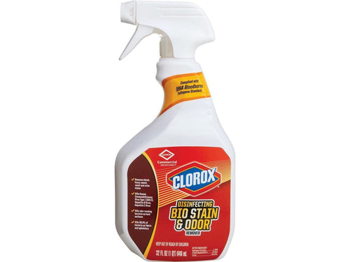 Clorox Disinfecting Bio Stain & Odor spray bottle with red label, front view