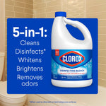Clorox disinfecting bleach bottle beside a blue panel listing 5-in-1 benefits like cleans and disinfects
