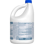 Rear view of a white Clorox germicidal bleach jug showing detailed text instructions and a blue cap