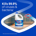 Clorox bleach bottle on stylized blue background with text claiming kills 99.9% of viruses and bacteria