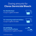 Blue dosing infographic detailing dilution instructions and icons for disinfecting, mold removal, and sanitizing food contact surfaces