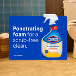 Clorox Bleach Foamer bottle pictured in a bathroom setting with bold text promoting penetrating foam for a scrub-free clean.