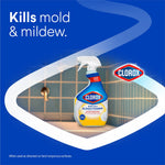 Clorox Bleach Foamer bottle displayed in a stylized blue frame with tile background and text stating it kills mold & mildew.