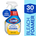 Clorox Bathroom Bleach Foamer spray bottle with crisp lemon label and 30 fl oz callout on a white background.