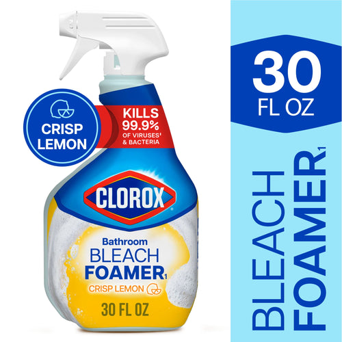 Clorox Bathroom Bleach Foamer spray bottle with crisp lemon label and 30 fl oz callout on a white background.