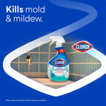 Clorox Bleach Foamer bottle in front of tiled bathroom scene with brand logo and headline about killing mold and mildew