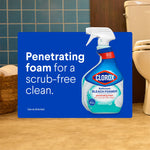 Clorox Bathroom Bleach Foamer product image overlaid on bathroom floor scene with text calling out penetrating foam