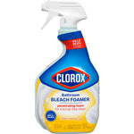 Clorox Bathroom Bleach Foamer spray bottle in blue and yellow packaging showing crisp lemon scent and trigger spray on white background.