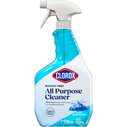Clear blue-tinted Clorox bleach-free all purpose cleaner spray bottle showing label and trigger top