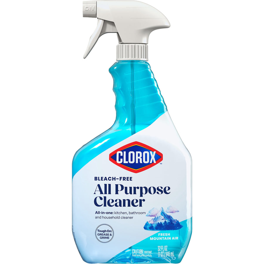 Clear blue-tinted Clorox bleach-free all purpose cleaner spray bottle showing label and trigger top