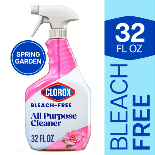 Spray bottle of Clorox Bleach-Free All Purpose Cleaner in pink Spring Garden scent with 32 fl oz label and floral graphic
