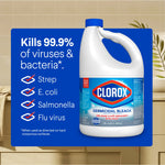 Clorox germicidal bleach jug pictured with blue graphic listing "Kills 99.9% of viruses & bacteria" and a checklist of pathogens