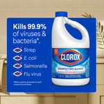 Product graphic of a Clorox disinfecting bleach jug with checklist icons and text stating it kills strep, E. coli, salmonella, and flu virus.