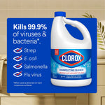 Clorox disinfecting bleach bottle with checklist naming strep, E. coli, salmonella and flu virus