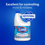 Clorox germicidal bleach jug on blue background with text "Excellent for controlling mold & mildew" and institutional use badge