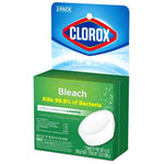 Angled view of Clorox bleach toilet bowl tablet green package with prominent brand logo