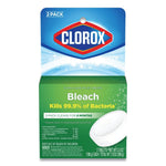 Front-facing Clorox bleach toilet bowl tablet box showing green packaging and white tablet