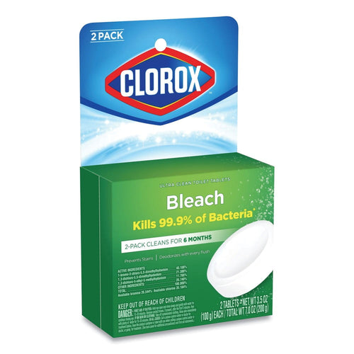Clorox green packaging hangcard for bleach toilet bowl tablets with white tablet image