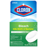 Clorox bleach toilet tablets green-and-blue package showing a white tablet and product claims