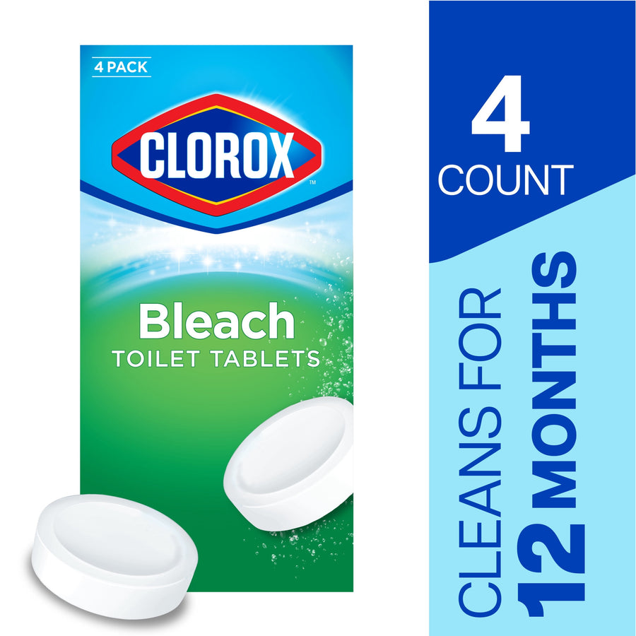 Clorox Bleach toilet tablets packaging artwork with two white tablet illustrations and blue-green gradient background
